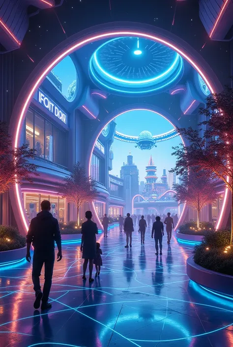  The futuristic amusement park combines technology ,  fantasy and fun in an immersive environment . The entrance ,  with holographic portals and neon lights ,  gives access to themed zones such as the Galactic Adventure ,  with virtual reality roller coast...