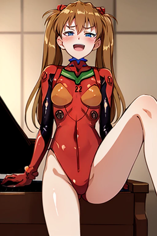 (( top quality)), ((masterpiece)), (be familiar with),  perfect face, indoor, bedroom, looking at the viewer,
One woman,  Soryu Asuka Langley ,
 open mouth,  ecstatic expression beside the piano, blush, smile,
 small tits,  flat chested, Young girl, Lori, ...