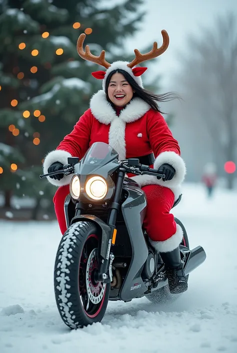 Asian fat female model in a modern Santa Claus outfit, smiling, in a snowy outdoor scene with Christmas lights and a fir tree, riding on futureistic reindeer motor bike.