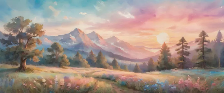 A detailed, dreamy, and bohemian watercolor painting featuring a pastel color palette with blue and pink gradient hues, award-winning watercolor technique, vintage aesthetic, and dynamic splashes throughout the composition, (best quality,4k,8k,highres,mast...