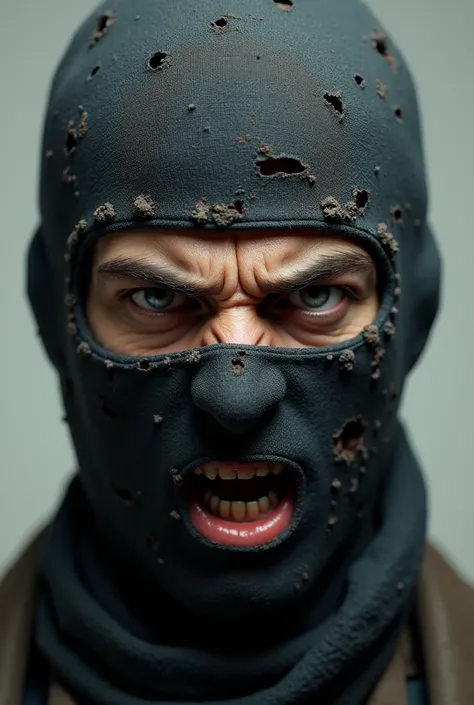 create an image of a 24-year-old man with a holey balaclava showing only the mans eyes and mouth with an angry, realistic expression