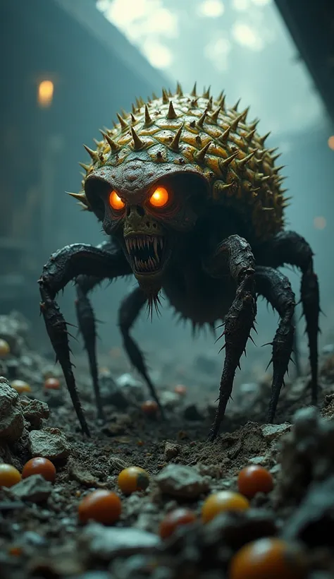 A terrifying and cinematic hybrid creature, blending a cockroach and a pineapple, lurking in a trash dump during twilight. The creature has the body of a cockroach, but its exoskeleton is textured like a pineapple’s rough, spiky skin, with glowing, menacin...