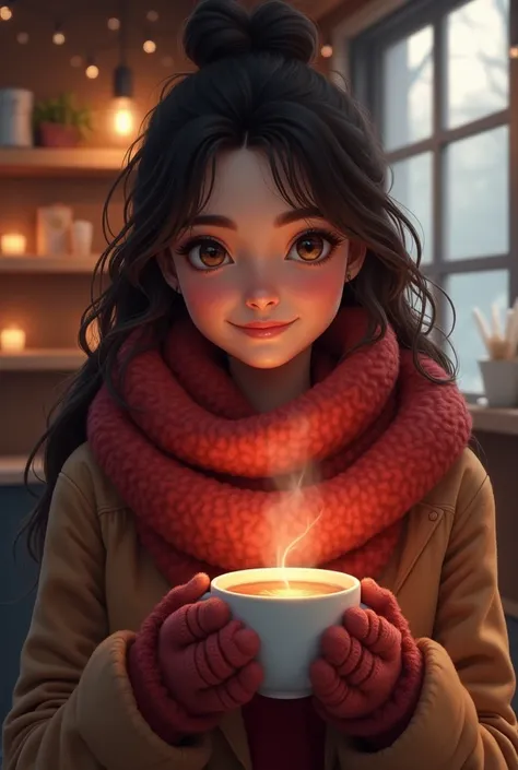 a cute brunette girl drinking warm tea with a red scarf and warm clothes