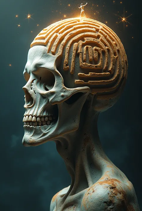  artistic representation tridimensional human head ,  with the top of the head with a three-dimensional maze, magical, majestical, starry sky, pessoa menor saltando do labirinto