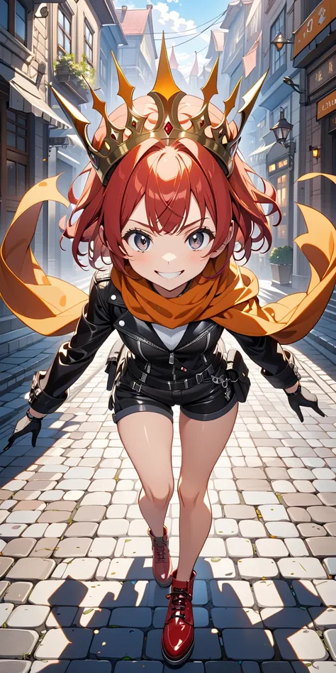 (masterpiece, ultra detailed, top quality), (cel shading anime, full body of 6 heads,  girl), evil grin, (shiny skin,  face, big gray eyes, red short hair:1.2), BREAK (huge crown, orange scarf, leather jacket, shorts, leather shoes), fantasy town, cobbled ...