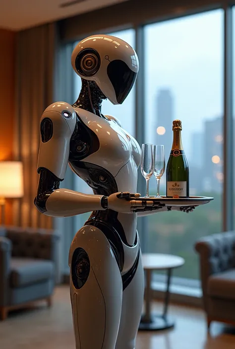 A futuristic robot designed to serve champagne in a luxurious setting. The robot has a sleek, polished metallic exterior with a humanoid form, elegant LED accents, and articulated arms holding a tray with a chilled bottle of champagne and crystal glasses. ...