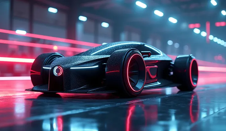 a concept high tech car with no driver with big wheels and RGB lighting, a high tech factory backdraft design, high resolution, very detailed, 8k, futuristic, sharp focus, bokeh blur, 24 mm camera shot