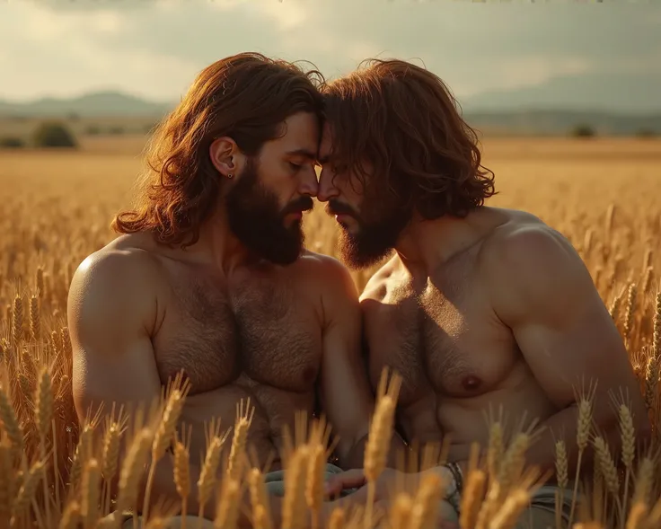 - Style:  hyperrealistic,  beautiful lighting, ultra-realistic,  intricate details ,  Masterpiece. - Character: Cain and Abel. Caín man fornido y de musculatura gruesa, with hair on the chest,  beard and long reddish brown hair. Abel man atlético y grácil ...