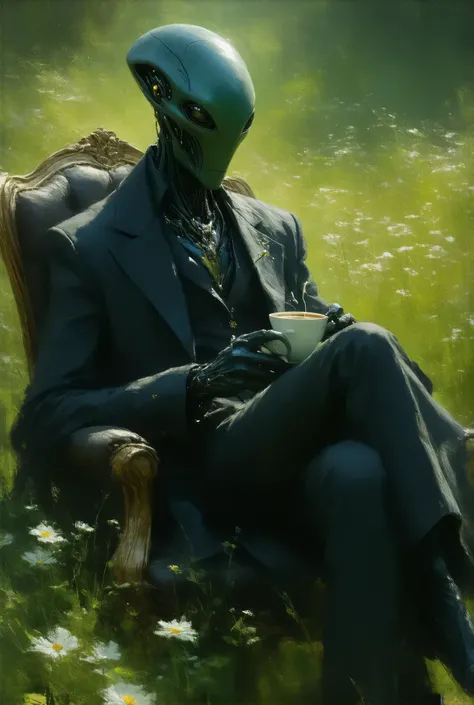 Sophisticated humanoid alien drinking coffee, smoking weed, and checking their phone in a beautiful meadow of colorful flowers watching the sun rise.