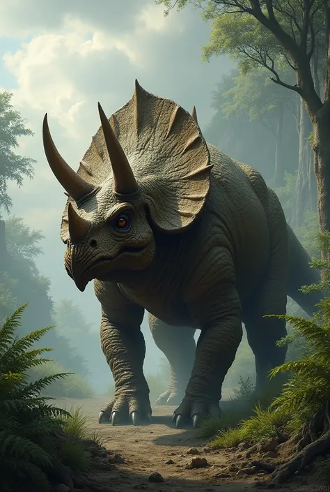 A triceratops with an ankiosauruss shell and tail