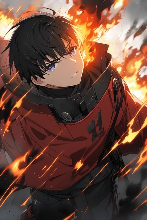 Anime. 1 boy, 24 years old, black hair, very short hair, red jacket, black clothes, boots, fire power, pyrokinesis