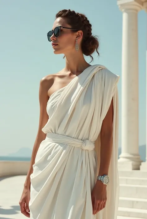 Newspaper cover photo of a woman wearing typical classical Greek clothing with modern accessories 