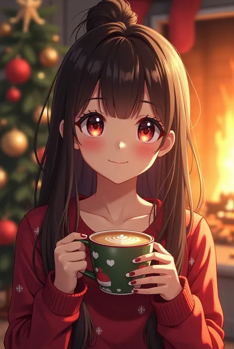 A beautiful woman with beautiful eyes:1.2, detailed eyes, beautiful full lips, highly detailed eyes and faces, long eyelashes, cute expression, smile, sitting:1.4, holding a cup of hot latte, homely background, Christmas sweater, fireplace, warm light, det...