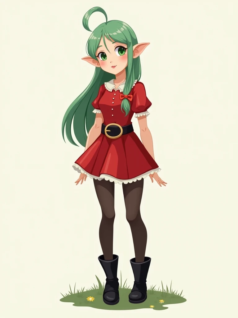 Image of young adventurer woman, elf girl, red minidress, black boots, black stockings, narrow sleeves, fantasy clothing, Full body pose, simple design, super fine illustration, fine skin, very cute and beautiful woman, beautiful face, green eyes, long min...