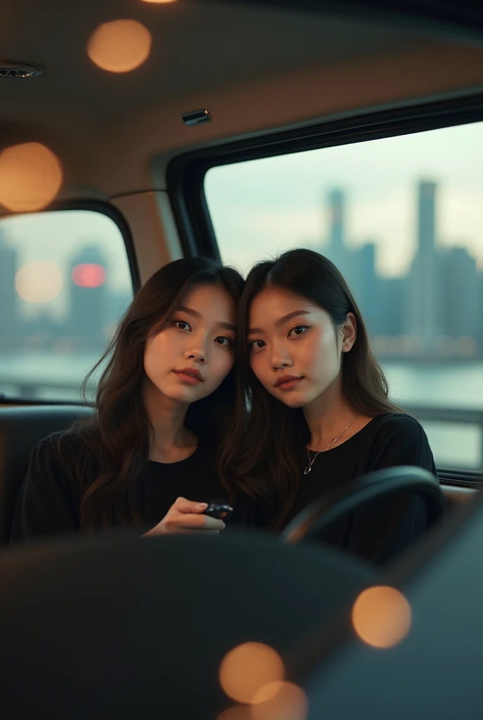 Two beautiful Asian girls wearing black and white sweater shirts in a car on a city bridge