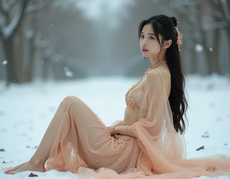 nsfw, 4 small-breasted girl wearing traditional transparent see through chiffon cape. topless. small-bust. small bust. tiny bust. 2 chinese middle-east look, sit on floor. small lips. multiple girls and friends. eyes looking right. . full body view. full b...