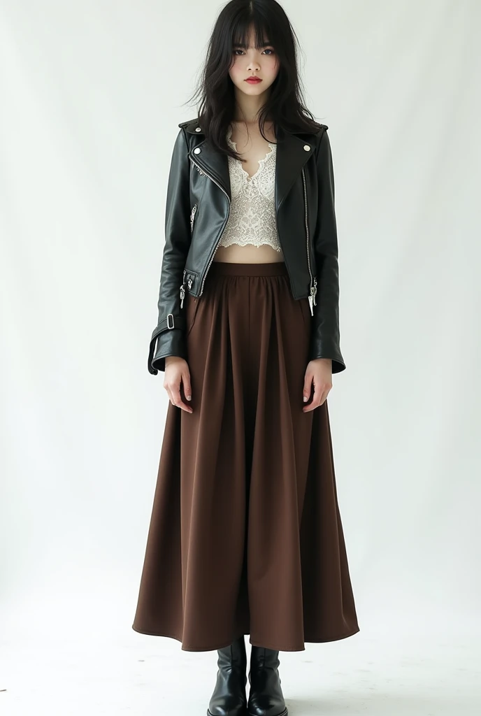 A black leather jacket with a white lace top, a long brown pleated skirt, black boots, For a medium size girl with a pale complexion posing on a white background