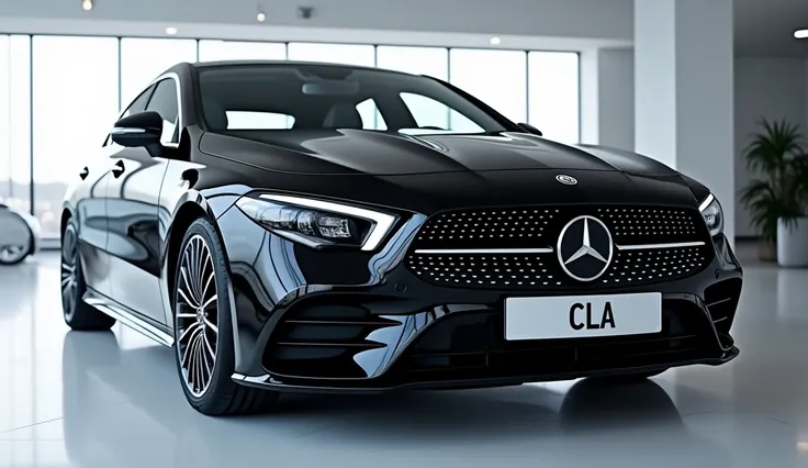 ( Mercedes Benz CLA Class) sides view black colour in the showroom.The front plate reads ". CLA " View highlighted.
