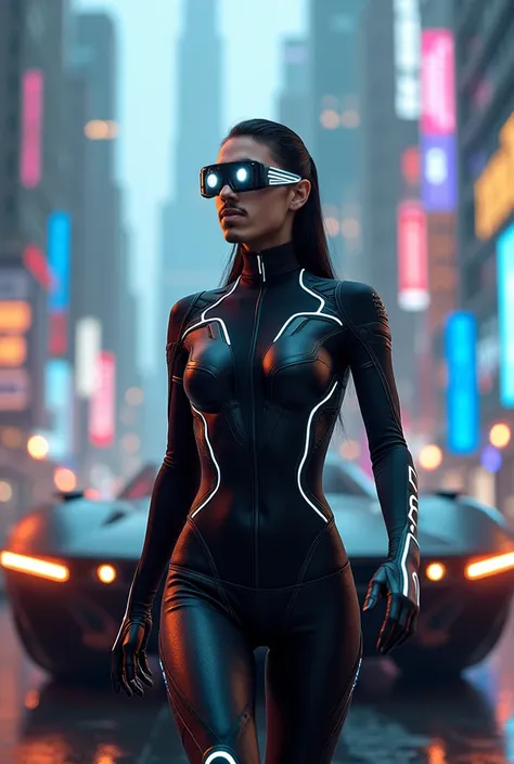 This character would be seen wearing futuristic clothes , in a futuristic city with futuristic sunglasses and supported by a futuristic car