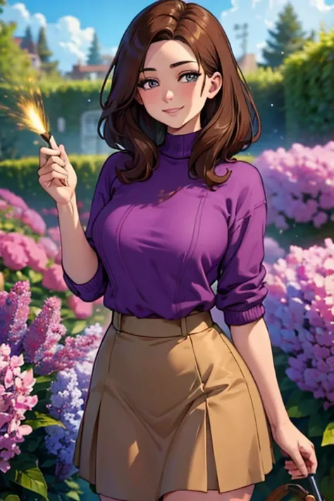 Perfect face. Perfect hands. A brown haired woman with copper eyes with an hourglass figure in a lilac sweater and a cute brown skirt is watering a garden of lilacs with a tired smile