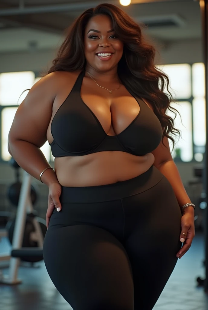 Plus size Big fat sexy tall  bbw woman Very sexy wearing very tight sexy clothes in the gym her butt is big and prominent and very sexy and her breasts are big and prominent sexy. Her trainer tries to touch her butt because she seduced him She smiles The g...