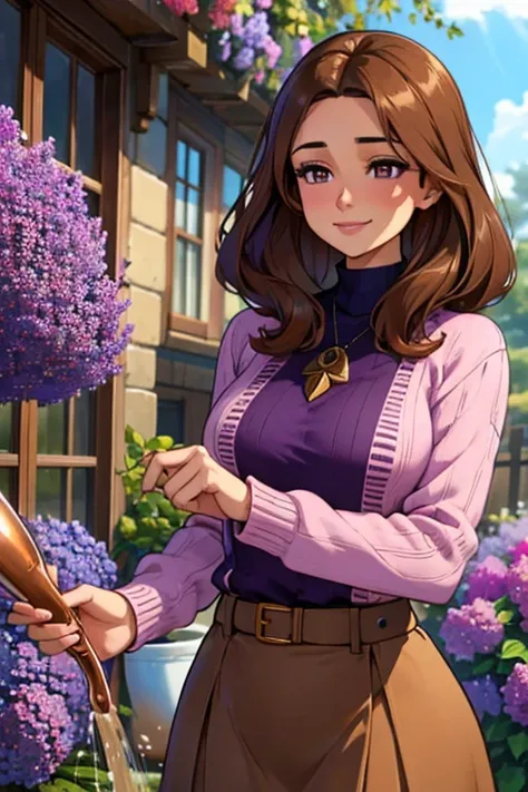 Perfect face. Perfect hands. A brown haired woman with copper eyes with an hourglass figure in a lilac sweater and a cute brown skirt is watering a garden of lilacs with a tired smile