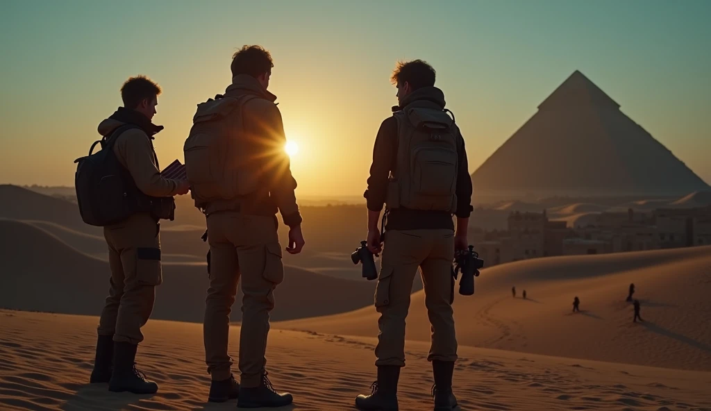 Three biologists standing in the Egyptian desert during twilight, wearing rugged expedition gear, holding notebooks, binoculars, and research tools. The background showcases sandy dunes and ancient ruins, with an eerie atmosphere enhanced by ghostly figure...