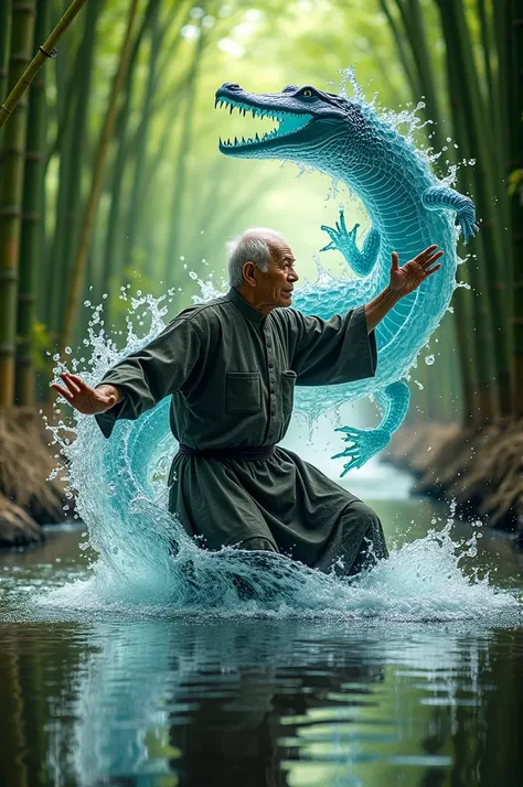 HD Photography Indonesian man aged 80 years, wearing silat clothes, standing doing pencak silat movements, with the effect of water coming out with a slow motion effect from a jug lying down, forming a transparent giant crocodile pattern, bamboo grove in t...