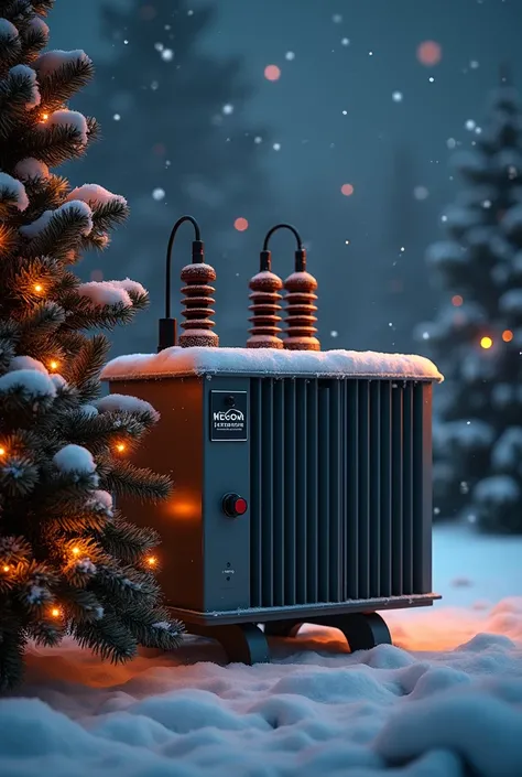 Create me a Christmas image with a space in the middle to place an electricity transformer so that it looks like the electricity transformer is the center of Christmas and that the transformer says MECOM TRANSFORMERS in white letters with a black backgroun...