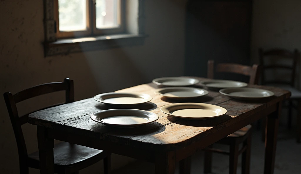 Empty plates on a slightly old table and I was in a poor room. 