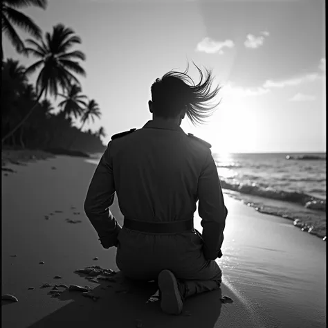 Create a surreal black and white photo of back of a man in army suit  kneel on the beach, the medium long hair fly with wind  ,  he focus look at the sun rises. The palm trees swaying in the wind. Dawn rises in a scene of deep sadness