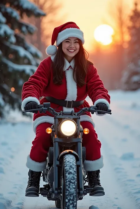 Asian fatty female model in a modern Santa Claus outfit, smiling, in a snowy outdoor scene with Christmas lights and a fir tree, bright face, dr. martens, riding on futuristic motor reindeer bike. in the morning large sunrising.