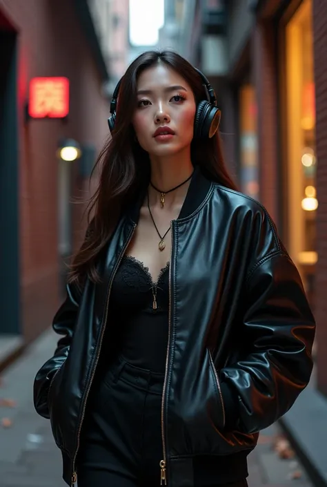 Beautiful asian woman in the leather bomber oversize jacket and listening music