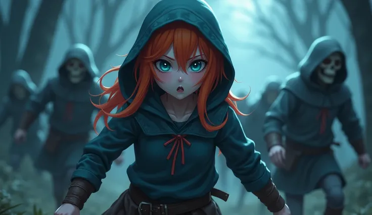 anime cute girl, close up,white skin, vibrant orange hair, blue eyes, dynamic pose mysterious atmosphere, put on a hood, medieval outfit, fog forest, night, low angle, attacked skeleton squad, run away