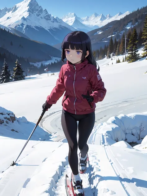 ruri gokou, woman,  long hair,   black hair, Ski, Sprint,  snowy mountains,  Sunny, Mountains in the background々,  concentrated expression ,  face, 赤いSkiウェア, Fast and Strong ,  Confident Poses, I can feel the movement, full body