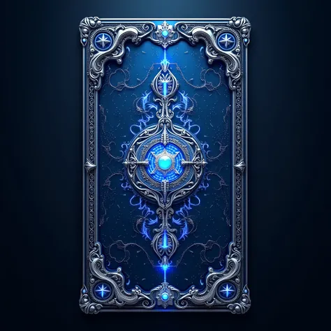 Tarot card back design, deep blue background, intricate silver patterns, glowing sapphire accents, mystical, magical.