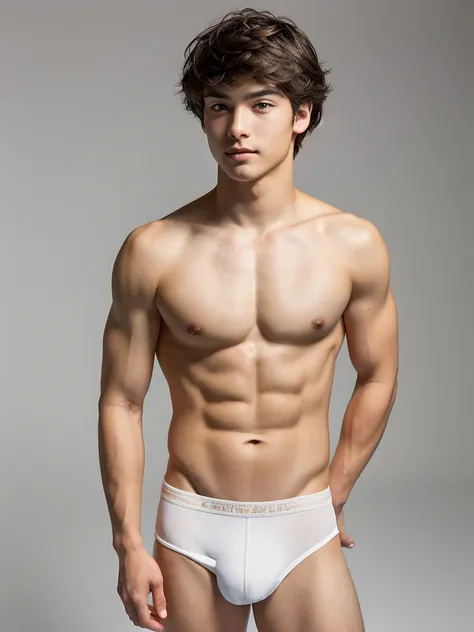 Create an image of a young man in his 20s, standing shirtless. He has a lean, slightly muscular build, with a smooth and fair complexion. pale skin, His hair is light brown, a bit tousled, giving him a casual and approachable look. His expression is gentle...