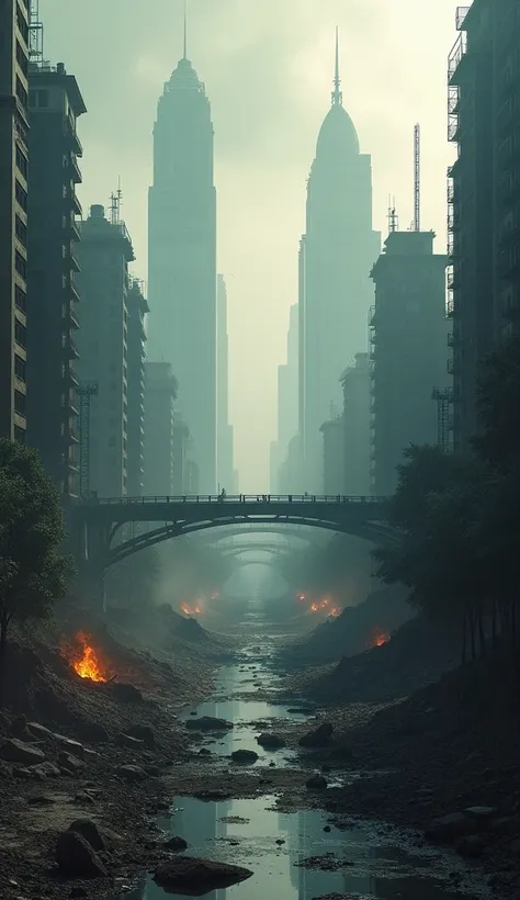 A sprawling urban landscape completely annihilated, iconic skyscrapers reduced to jagged, skeletal remains, bridges collapsed into murky, flooded waters, and streets littered with burned-out vehicles. Blackened trees and scorched earth contrast with the fa...