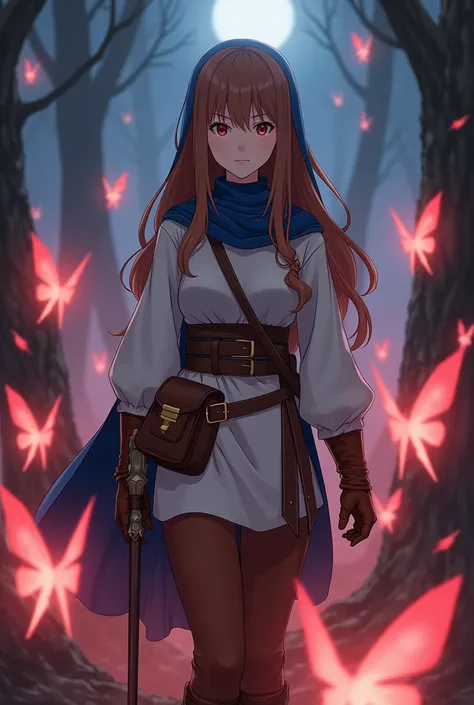 A stunning HD of a brown-haired mage girl with long hair, with a braid on one side. She has brown eyes and wears a blue mages veil on her head. She is dressed in a long-sleeve white medieval-style shirt, brown pants, and tall brown boots. She holds a mages...