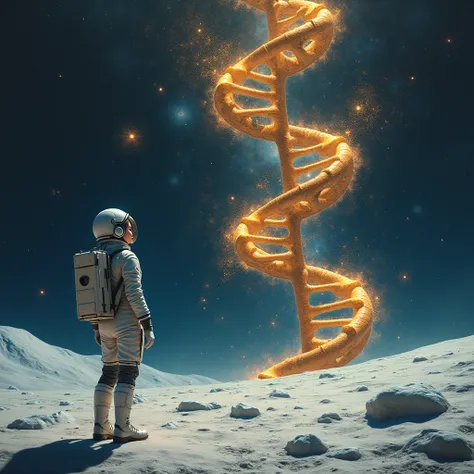  DNA, which is a polymer with 2 polynucleotide chains wrapped around each other to form a double helix、Galaxy Stars々Entangled in、It looks like a dragon shining in gold 。 there is a girl in a stylish spacesuit looking at it from the moon 。