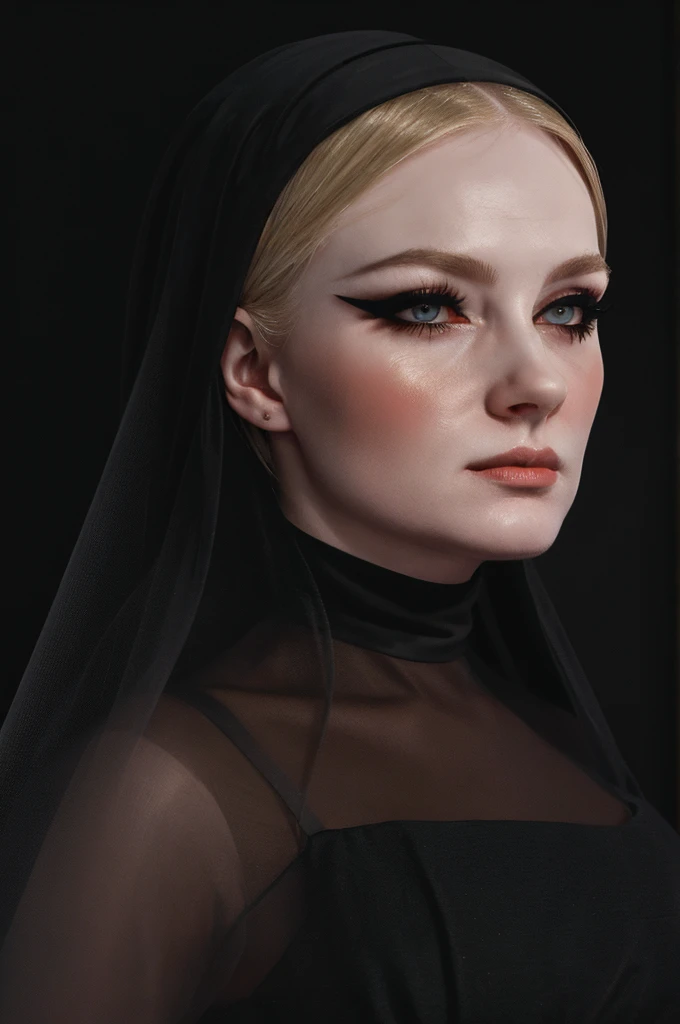 a woman pretty, blonde, slicked back ,black dress , veil , black nun veil , blonde hair , big breast,, pale skin , eyeliner ,foxy eyeliner , Caravaggios paintings、Chiaroscuro of Caravaggio , simple background , pray