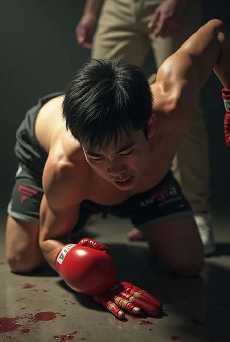 The young man, about 20 years old, who is a Korean boxer with a handsome face, looks desperately painful as he crawls under one of the mens pants.