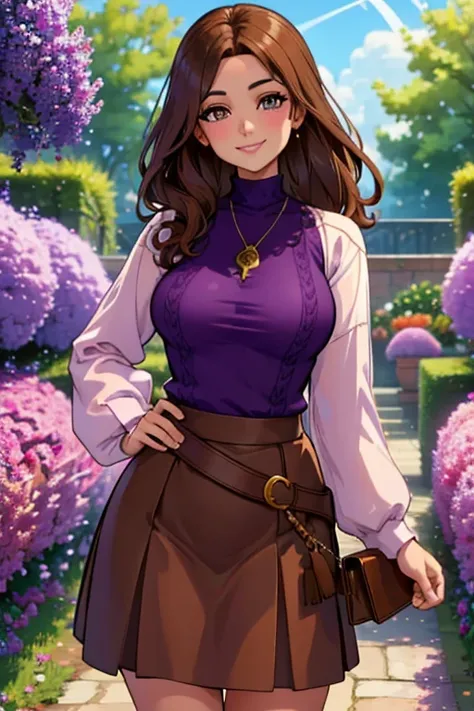 Perfect face. Perfect hands. A brown haired woman with copper eyes with an hourglass figure in a lilac sweater and a cute brown skirt is playing with magic in a garden of lilacs with a tired smile
