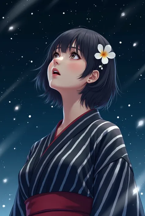 A photorealistic close-up of a young woman with short black hair, adorned with small white flowers, wearing a traditional black and white striped kimono with a red obi. She is gazing upward with an expression of awe and surprise, as if she is exclaiming Wo...