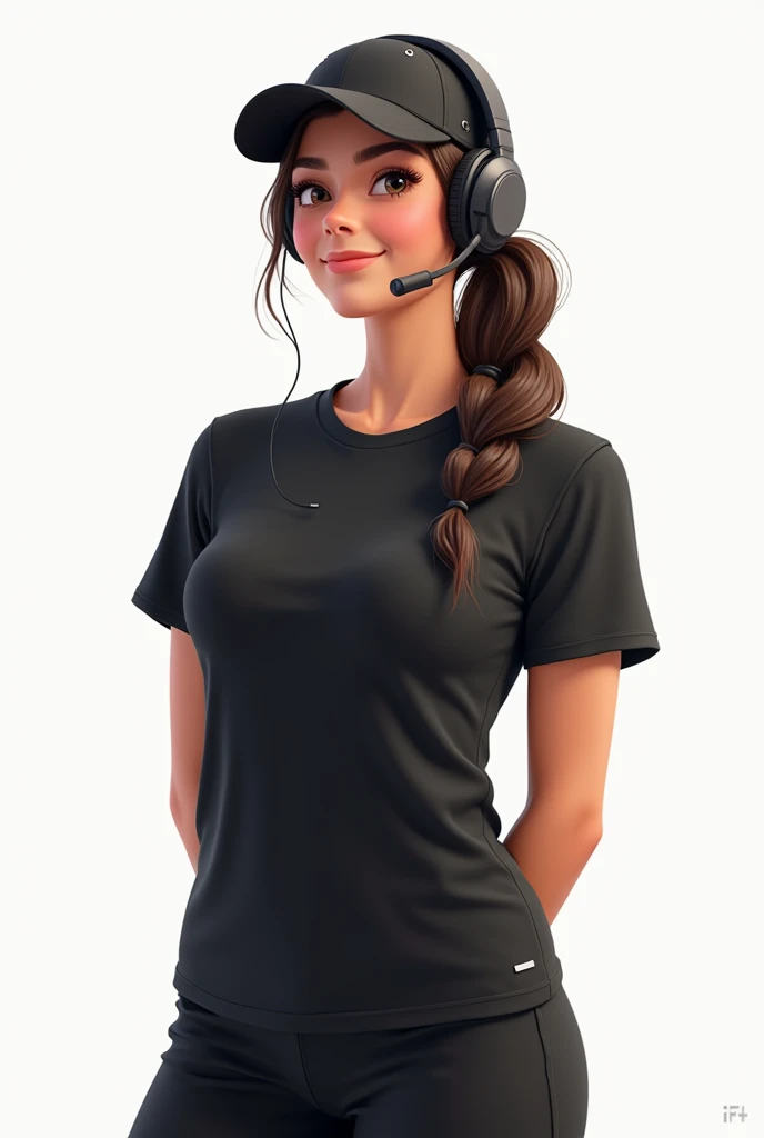  A young woman in her 20s ,  dressed in a modern black sports uniform ,  composed of a tight short sleeve t-shirt and comfortable but professional pants.  She wears a black coach cap with subtle details , wireless headphones with integrated microphone over...