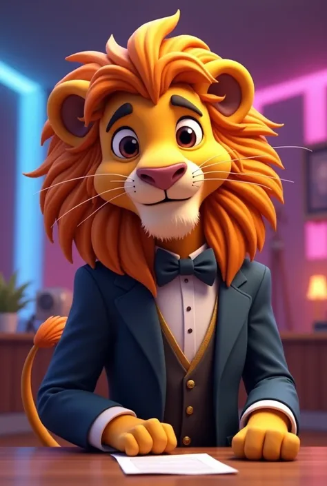 CREATE AN ANIMATED LION IN CARTOONS WHO IS THE INTERVIEWER IN A TV SHOW 