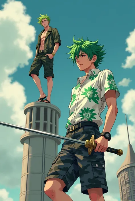 The eclectic stands confidently atop a tower, showcasing his unique style and formidable presence. Next is the leader, a male with short green hair and red eyes, wearing glasses and a white button-down adorned with green flowers, paired with black-gray cam...