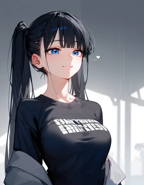  Sister  ,Black hair,Long hair,Exhaustion ,  in dark blue eyes,Small face,  black long-sleeved shirt , teen,Gothic,scary,high, ,Anime,  Medium Breasts ,gloomy,Darkness ,Double ponytail ,milf,cute,smile,mini heart post 