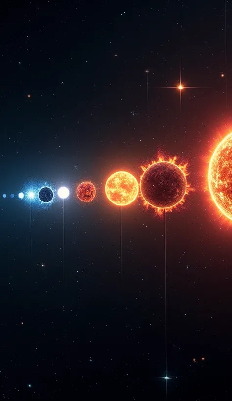 Life Stage Visual A timeline of stars from birth to death, with different star colors marking each stage of their life cycle