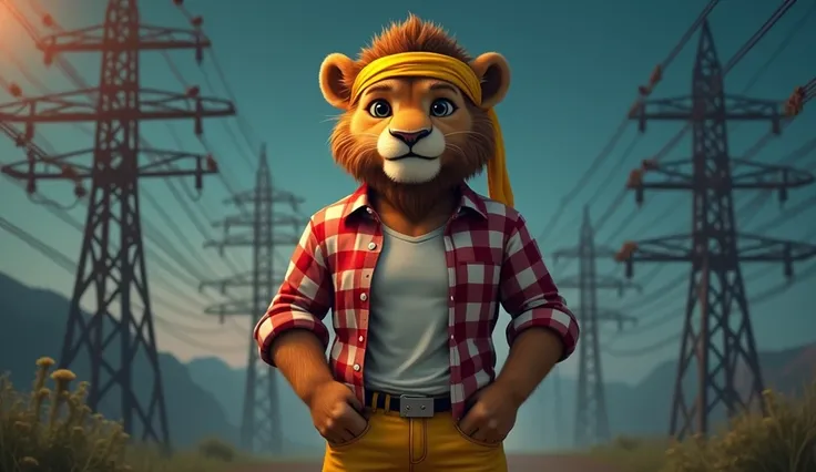 A young lion named Sheru, wearing a red checked shirt and yellow pants. Sheru has a yellow gamchha tied on his forehead, Sherus face shows an attitude, and he standing in the power grid in the night,very realistic young lion face .very realistic image.real...